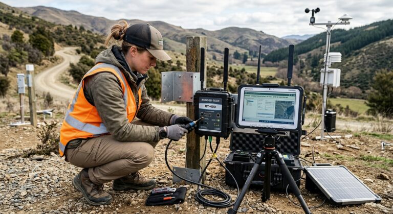 Field technician configuring a rugged portable data logger on industrial equipment