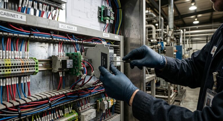 Engineer inspecting a signal conditioning module wired to industrial sensors in a control cabinet