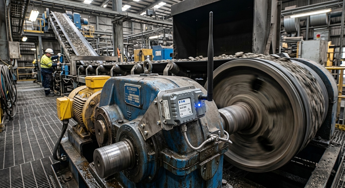 a wireless sensor transmitter mounted on rotating plant with the radio antenna visible