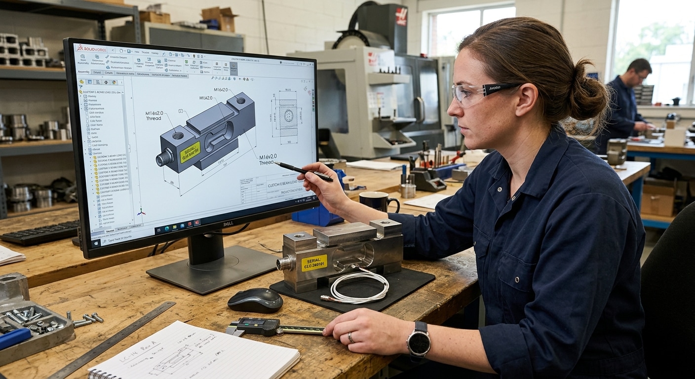 an engineer reviewing a custom load cell CAD drawing alongside the finished machined part on a workbench